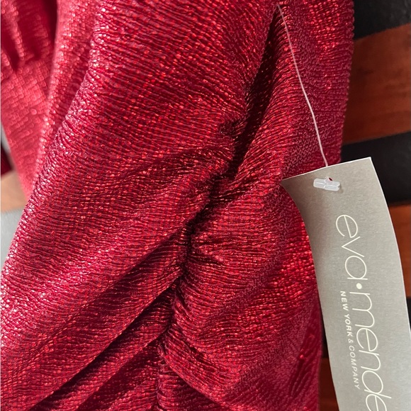 Eva Mendes Red Metallic Ruched Crossover V-Neck Midi Dress Size XL - Picture 8 of 16